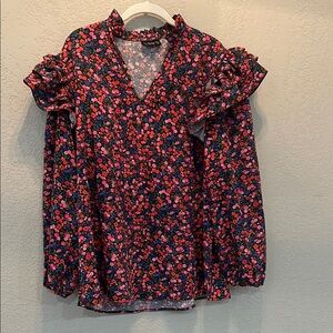 Long Sleeve Floral Ruffle Shoulder Blouse